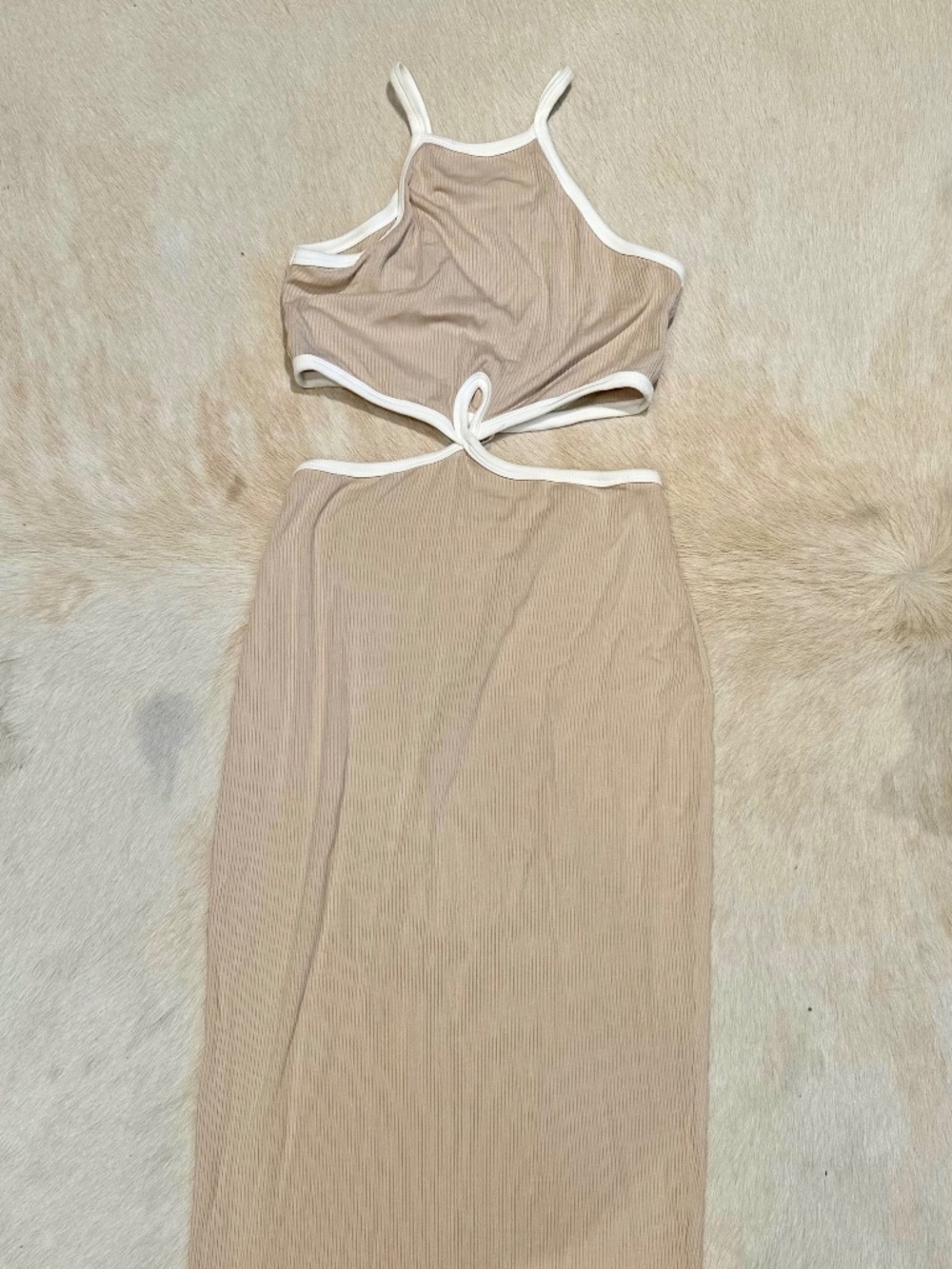 Ribbed Midi Form Fitted Dress Tan Shein Sz M
